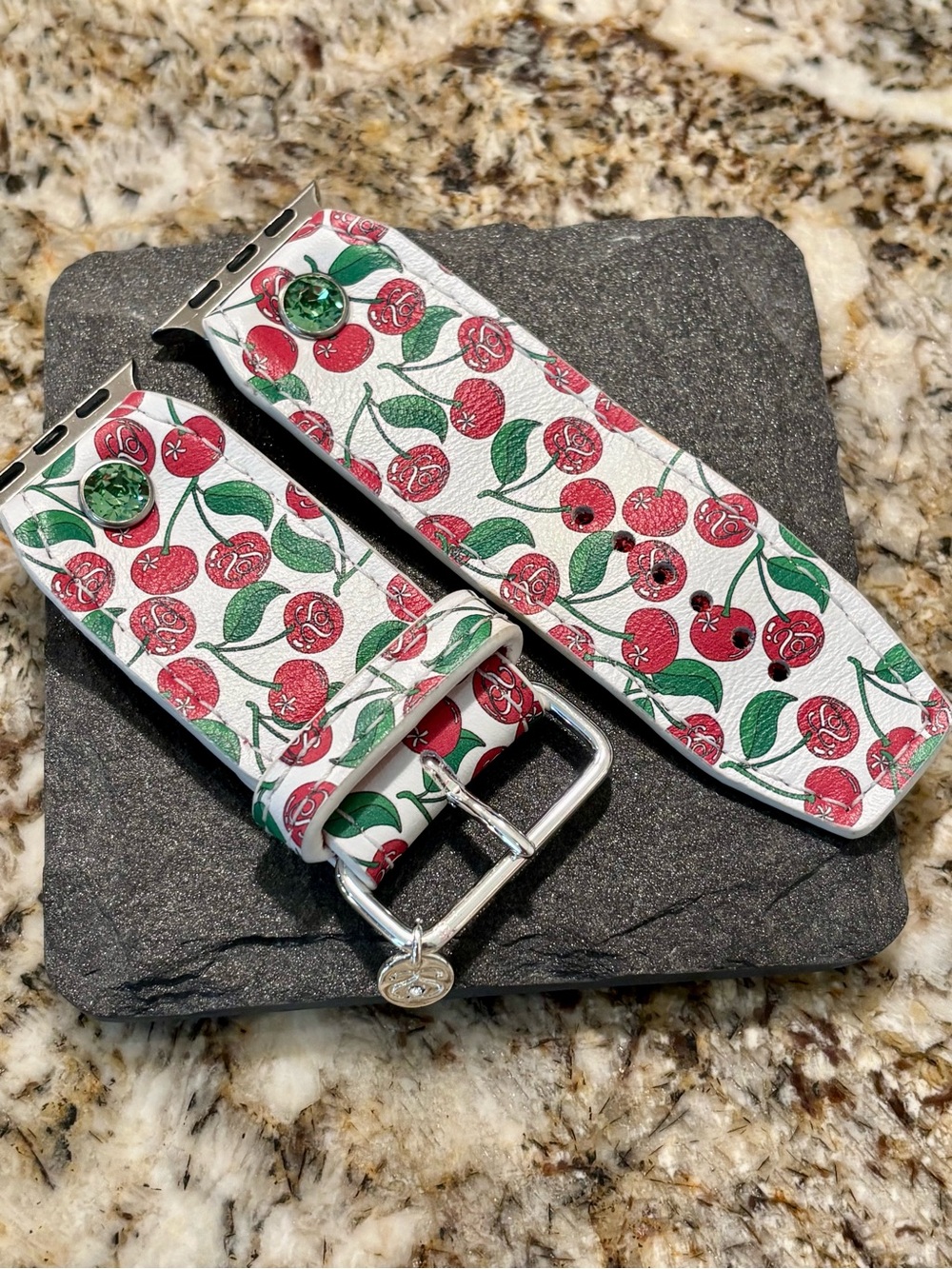Cherry Print Leather Watch Band - White with Red & Green